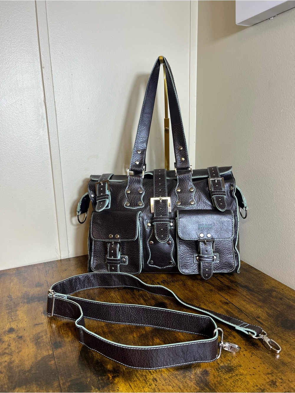 Dark Brown Leather Multi-Pocket Satchel Bag with Removable Strap